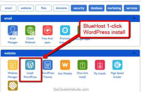 1-click installation of WordPress in BlueHost